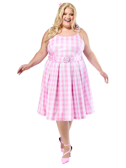 Women's Plus Size Barbie Movie Perfect Day Pink Gingham Dress - costumesupercenter.com