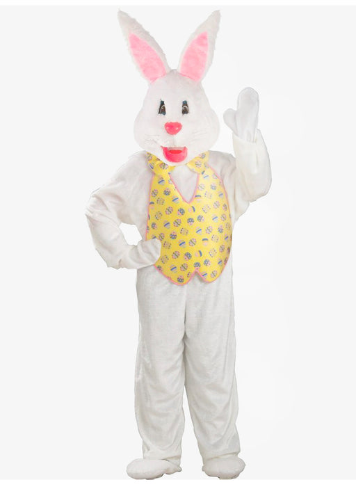 Adult White Easter Bunny Mascot With Yellow Vest Costume - costumesupercenter.com