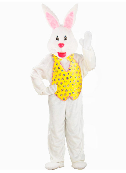 Adult White Easter Bunny Mascot With Yellow Vest Costume - costumesupercenter.com