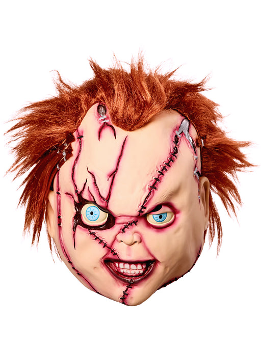 Men's Bride of Chucky Overhead Latex Chucky Mask with Hair and Stitches - costumesupercenter.com