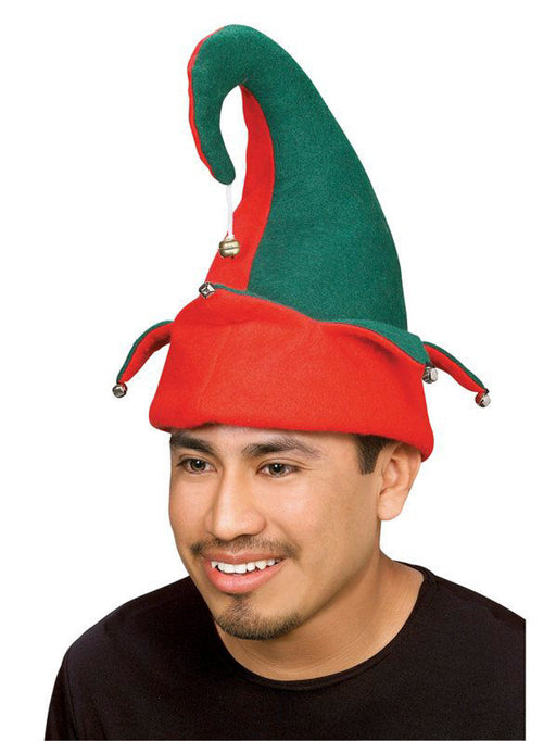 Adult Red and Green Elf Hat with Bells - costumesupercenter.com
