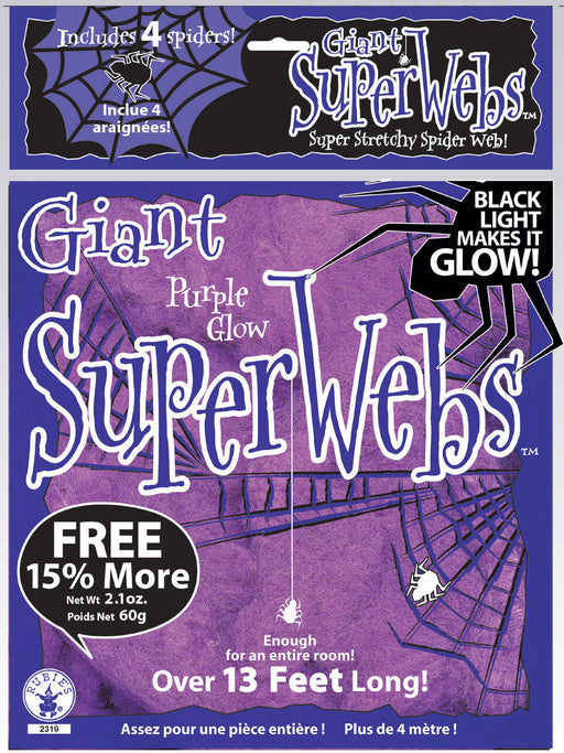 Giant Purple Glow Super Spiderweb with 4 Spiders - 60 Grams - costumesupercenter.com