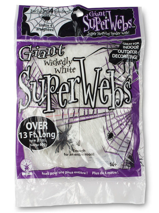 Giant Wickedly White Super Spiderweb with 4 Spiders - 60 Grams - costumesupercenter.com