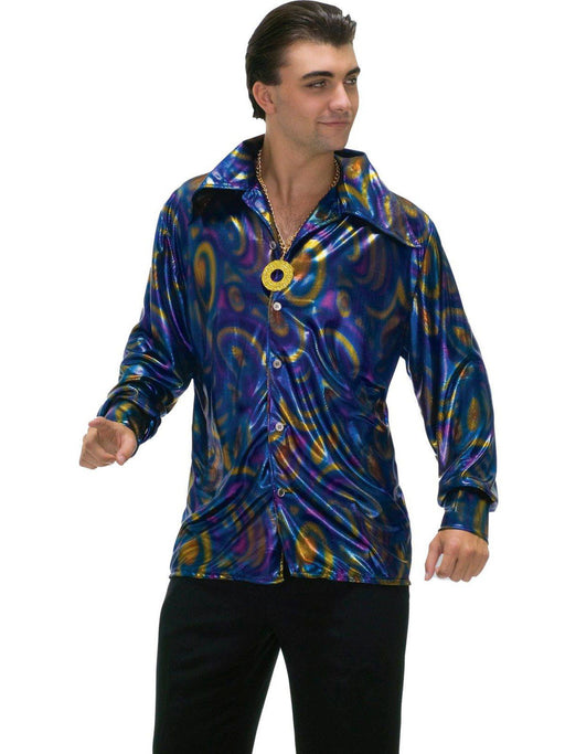 Men's Blue Metallic Dynomite Disco Dude Shirt - costumesupercenter.com