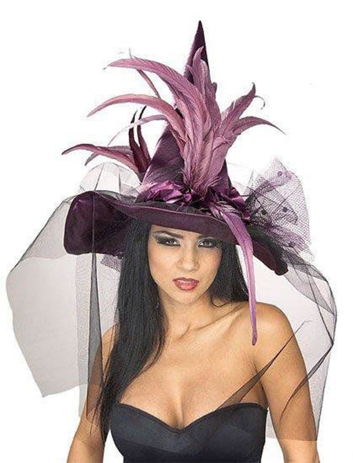 Adult Purple Tulle and Feather Decorated Witch Hat - costumesupercenter.com