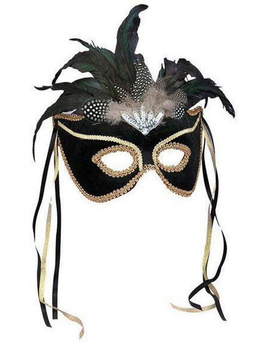 Black Venetian Mask with Feathers - costumesupercenter.com