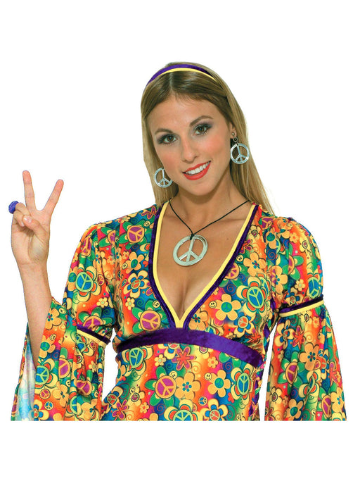 Women's Silver Hippie Peace Sign Necklace and Earrings - costumesupercenter.com
