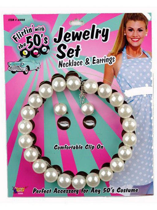 Women's White Pearl 1950's Earring and Necklace Set - costumesupercenter.com