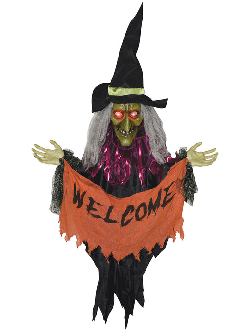 4.5 Foot Welcome Witch Banner Light Up Animated Decoration - costumesupercenter.com