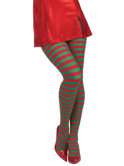 Adult Red and Green Holiday Striped Tights - costumesupercenter.com