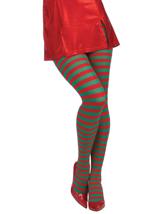 Womens Red and Green Striped Tights - costumesupercenter.com