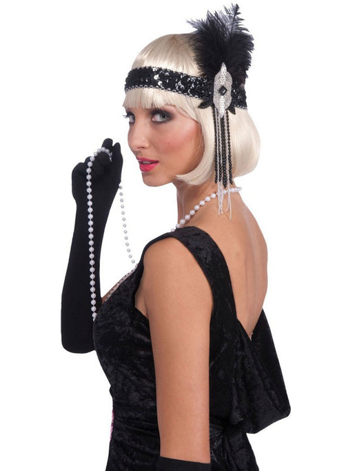Women's Black and Silver Flapper Headband - costumesupercenter.com