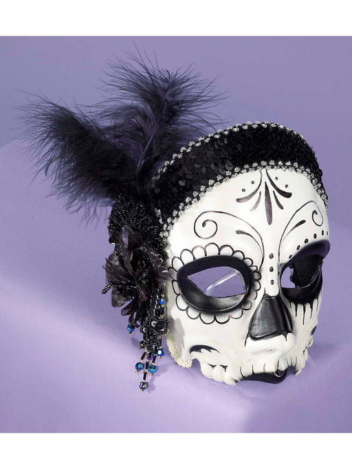 Adult Black and White Skull Masquerade Mask with Feathers - costumesupercenter.com
