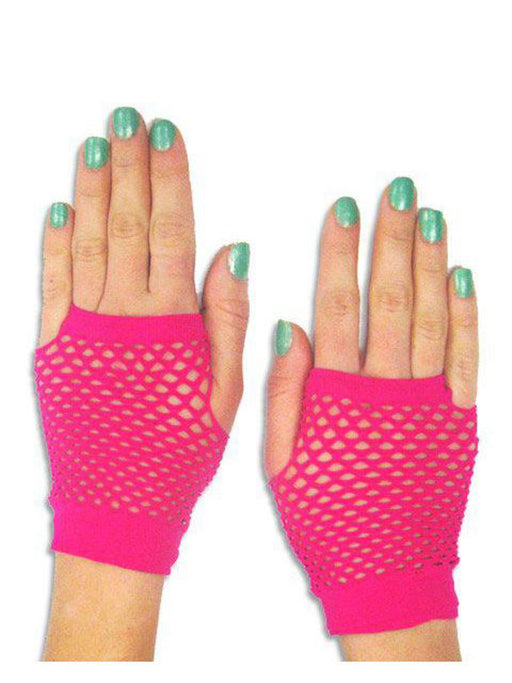 80's Neon Pink Short Fishnet Adult Gloves - costumesupercenter.com
