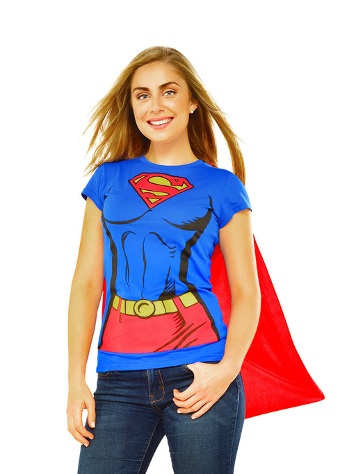 DC Comics Womens Supergirl T-Shirt w/ Cape Adult Costume - costumesupercenter.com