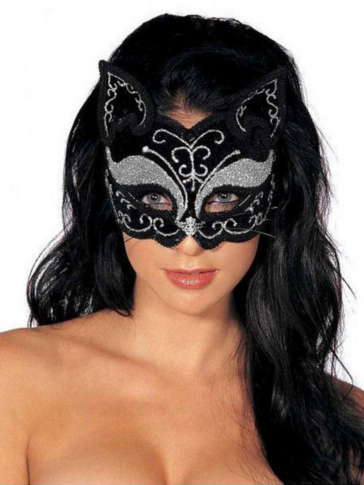 Adult Glitzy Cat Black And Gold Mardi Gras Mask - costumesupercenter.com