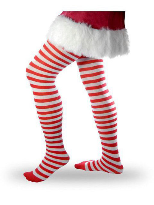 Adult Red and White Rag Doll Striped Tights - costumesupercenter.com