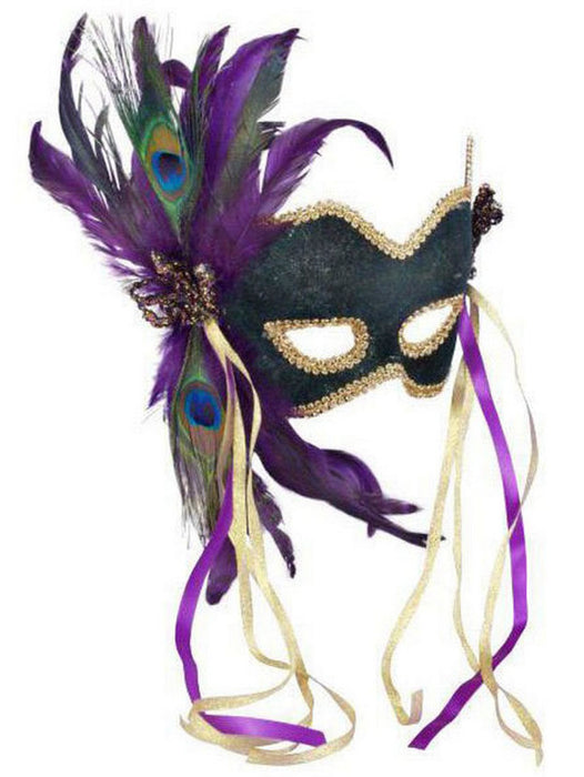 Venetian Green Velvet Feathered Mardi Gras Mask Adult - costumesupercenter.com