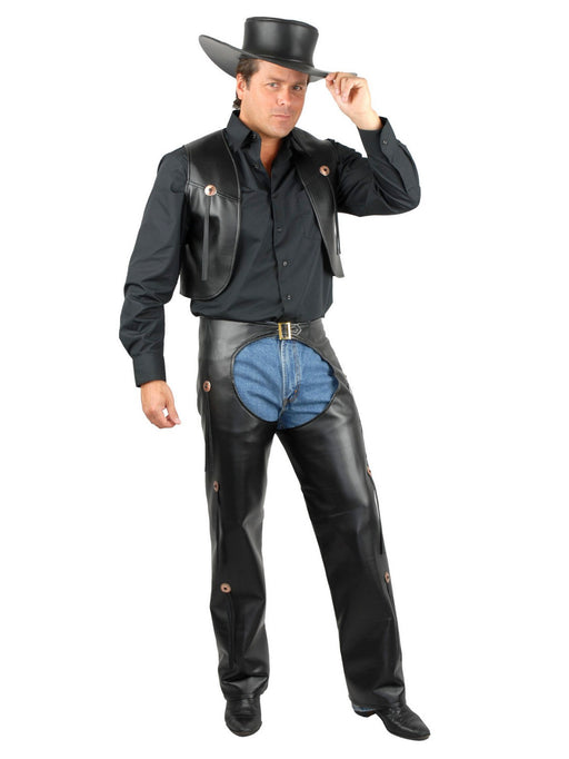 Mens Black Chaps and Vest (Leather) - costumesupercenter.com