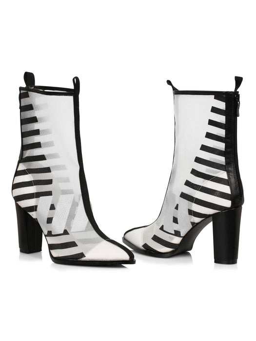 Black and White Mid Calf Heeled Booties for Women - costumesupercenter.com