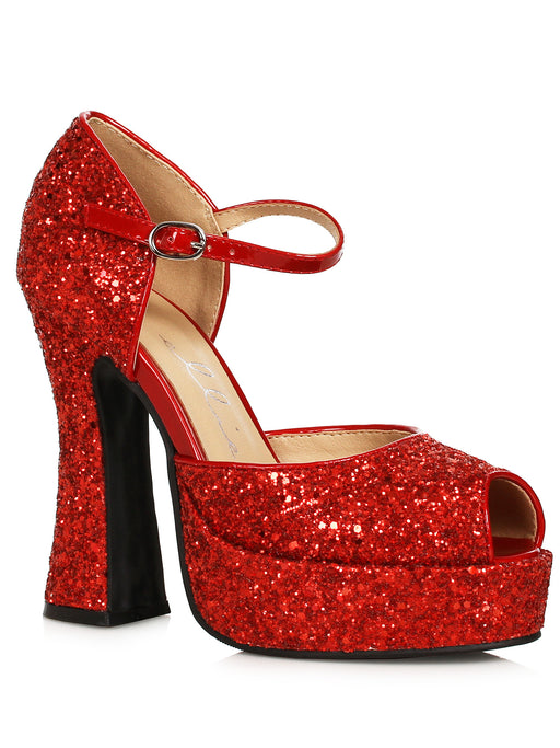 Women's Red Glitter Open Toe Platform Heeled Shoes - costumesupercenter.com