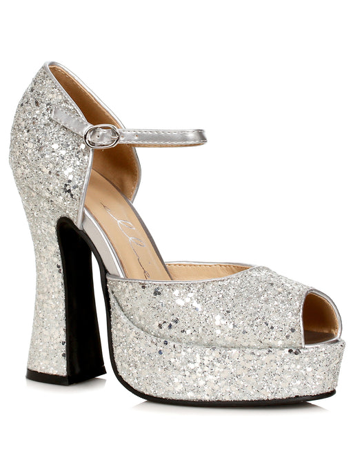 Women's Silver Glitter Open Toe Platform Heeled Shoes - costumesupercenter.com