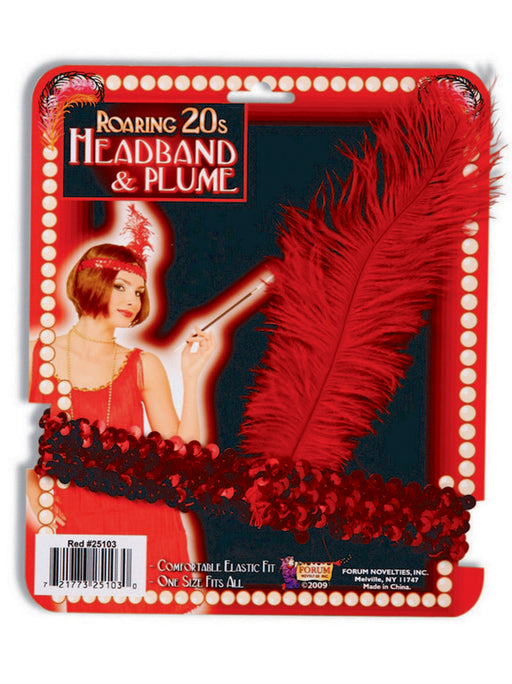 Women's Red Sequin and Feather Flapper Headband - costumesupercenter.com