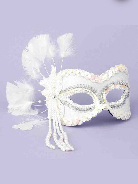 White Masquerade Mask with Beads & Feathers - costumesupercenter.com
