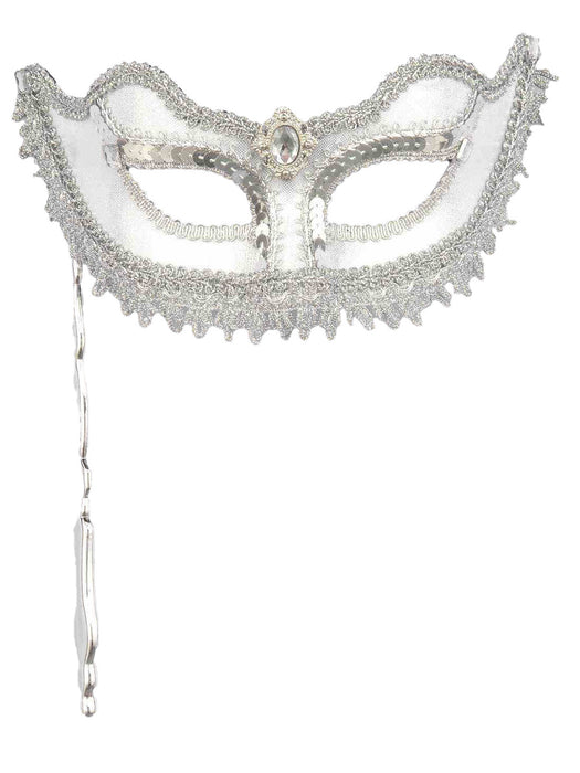 White & Silver Venetian Stick Mask - costumesupercenter.com