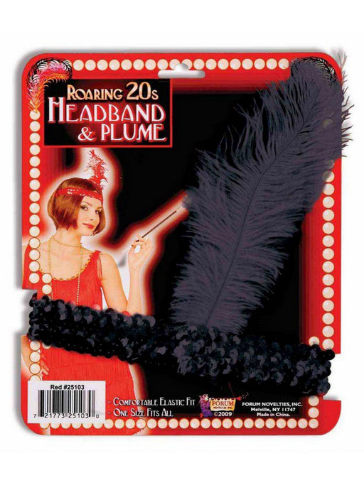 Women's Black Sequin and Feather Flapper Headband - costumesupercenter.com