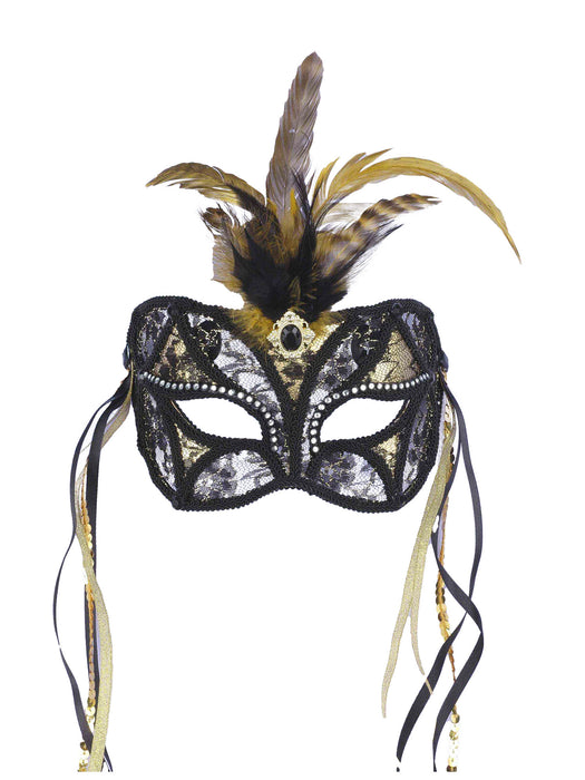 Black & Gold Lace Mask with Feathers - costumesupercenter.com