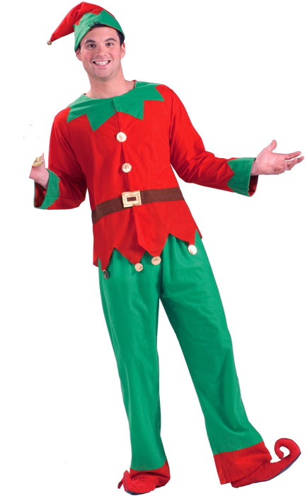 Men's Red and Green Holiday Helper Elf Costume - costumesupercenter.com