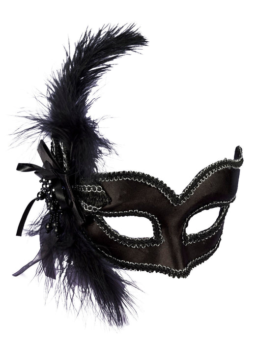 Black Satin Masquerade Mask with Feathers - costumesupercenter.com