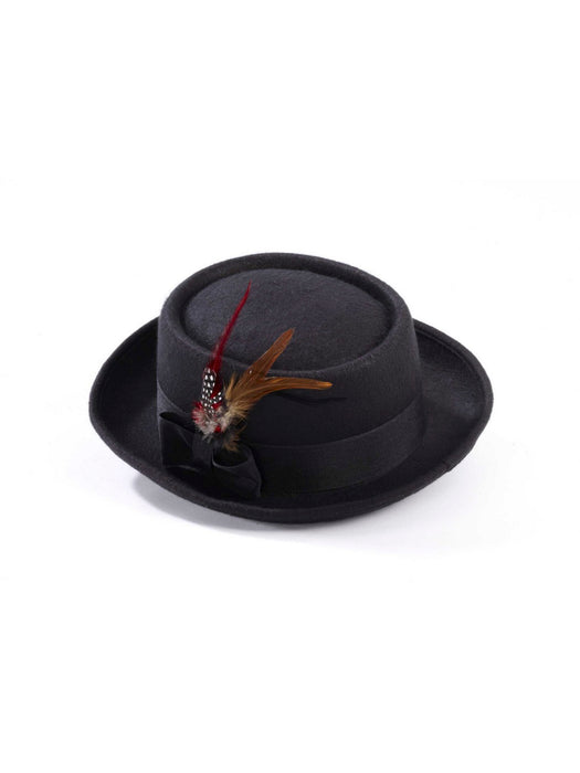 Adult Black Pork Pie Hat With Feather - costumesupercenter.com