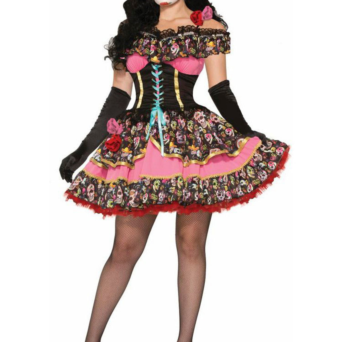 Forum Novelties Women's Day Of The Dead Flower Dress, Black/Pink, XS