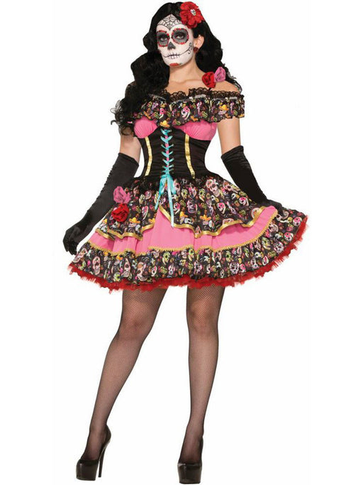 Forum Novelties Women's Day Of The Dead Flower Dress, Black/Pink, XS
