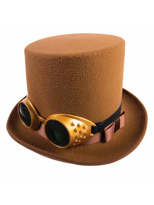 Adult Brown Steampunk Top Hat with Goggles - costumesupercenter.com