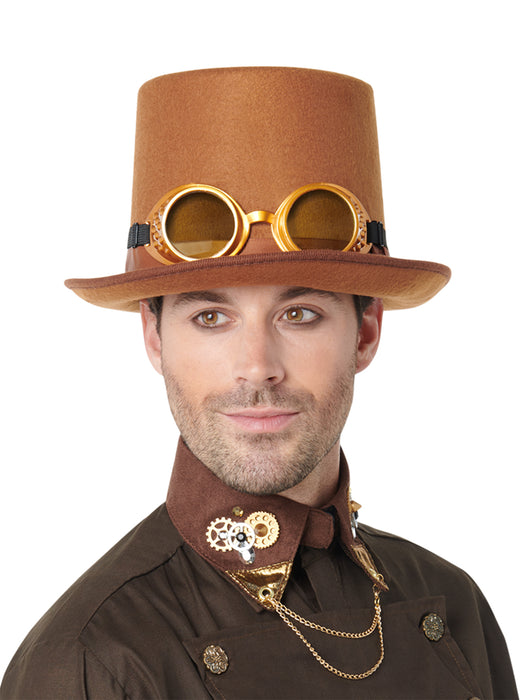 Adult Brown Steampunk Top Hat with Goggles - costumesupercenter.com