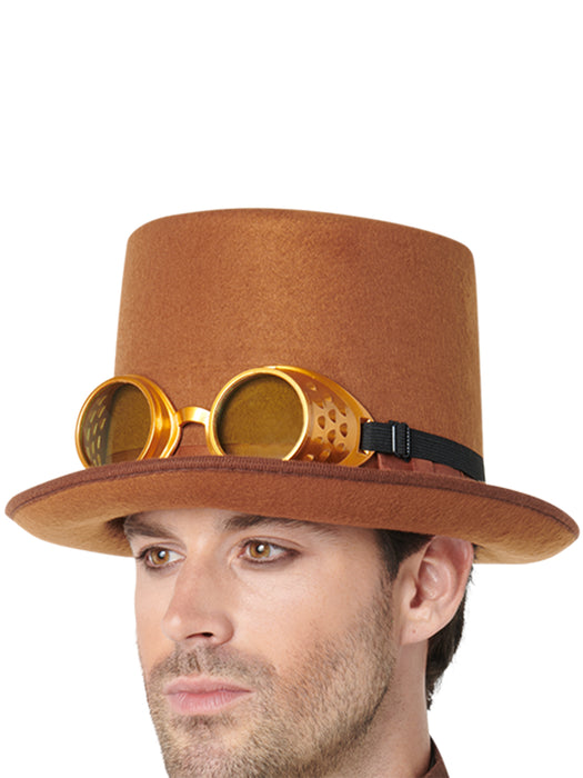 Adult Brown Steampunk Top Hat with Goggles - costumesupercenter.com