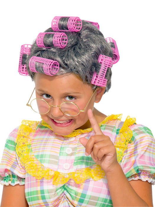 Girls' Old Lady Wig with Pink Curlers - costumesupercenter.com
