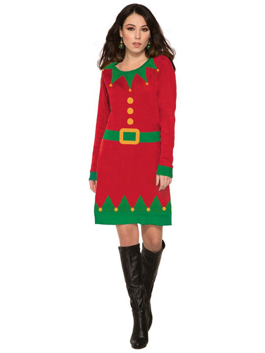 Ladies Ugly Elf Christmas Sweater Dress - costumesupercenter.com