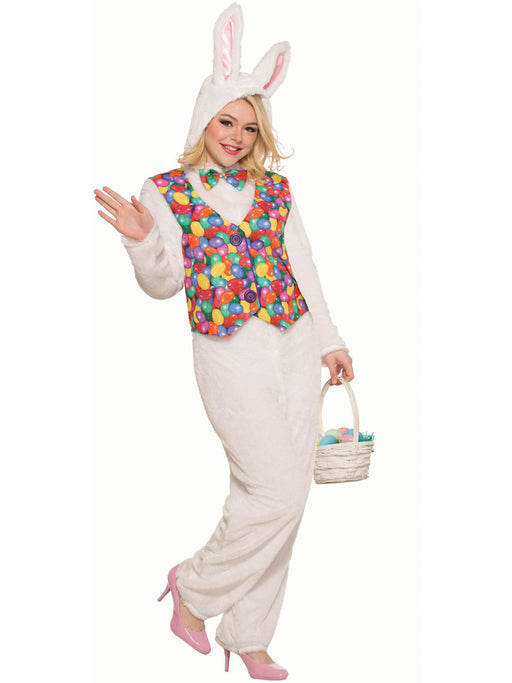 Adult Hooded Easter Bunny Jumpsuit with Vest - costumesupercenter.com