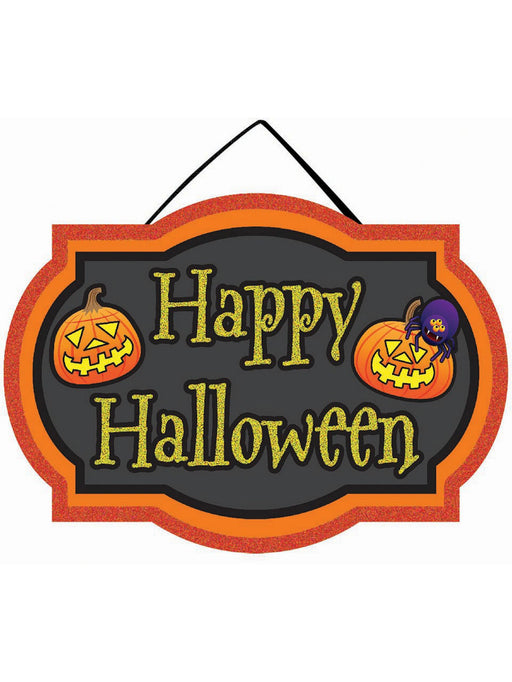 Mini Hanging Glitter Happy Halloween Sign - costumesupercenter.com