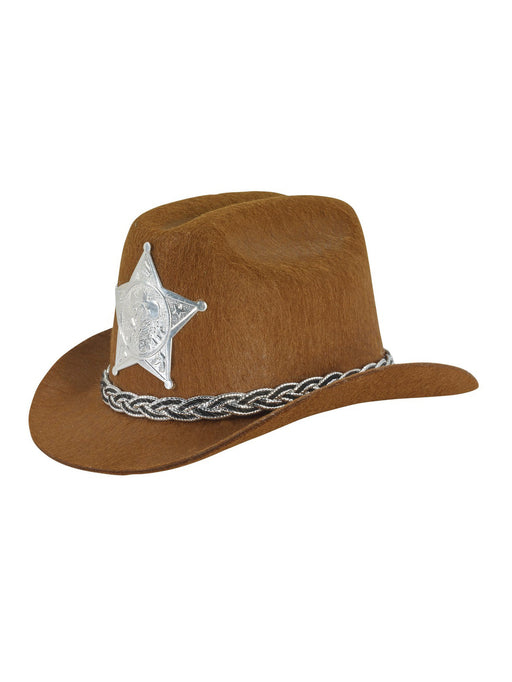Adult Brown Mini Cowboy Hat with Badge - costumesupercenter.com
