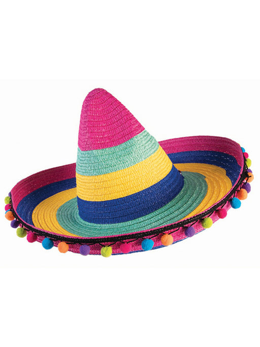 Deluxe Striped Sombrero with Pom Poms - costumesupercenter.com