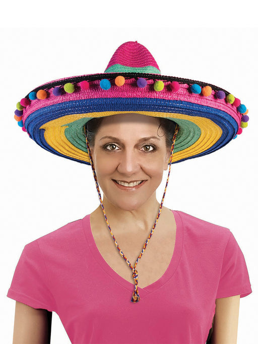 Deluxe Striped Sombrero with Pom Poms - costumesupercenter.com