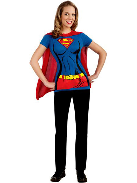 DC Comics Womens Supergirl T-Shirt w/ Cape Adult Costume - costumesupercenter.com