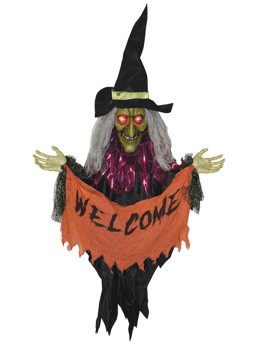 4.5 Foot Welcome Witch Banner Light Up Animated Decoration - costumesupercenter.com