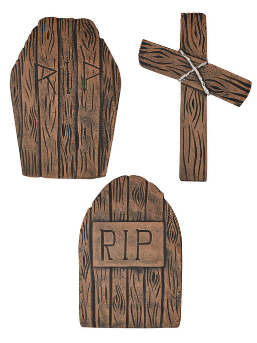 Set of 3 Faux Wood RIP Tombstones - 2' - costumesupercenter.com
